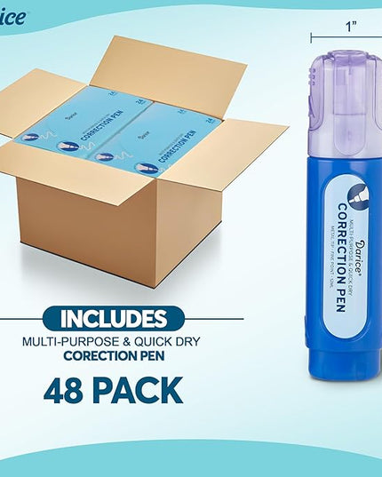Darice Liquid Correction Pen Box of 48 - Multi-Purpose Liquid White Out Pen with Metal Tip for School, Office & Home