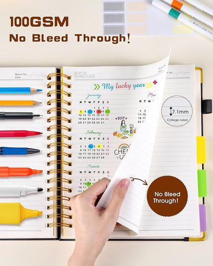 Hardcover Spiral Notebook journal with Removable Dividers Tabs, 300 Pages Leather 5 Subject Notebook College Ruled, 8"x10" Large B5 Notebooks for Work School Note taking, Lined Journal for Women,Black