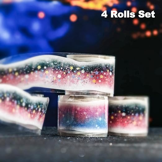 AuriicLeaf Galaxy-Themed Washi Tape Set, 4 Rolls of Decorative Glitter Tapes for Scrapbooking, Junk Journaling, DIY Crafts, and Art Supplies
