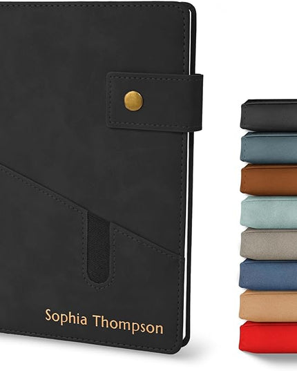 Promot Personalized Notebook - A5 Lined Leather Bound Journal for Writing Women Men - Hardcover Executive Notebook, Daily Journal, Travel Diary, Gift Idea, Custom Embossed Text with Gold Metallic Foil