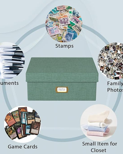 Decorative Photo Storage Box - 2 Pack Linen Photo Box Organizer with Dividers, Fits Holds Up to 1700 Pictures and 4x6 Photos, Memory Keepsake Organizer for Scrapbook Supplies, Cards, Stamps (Green)