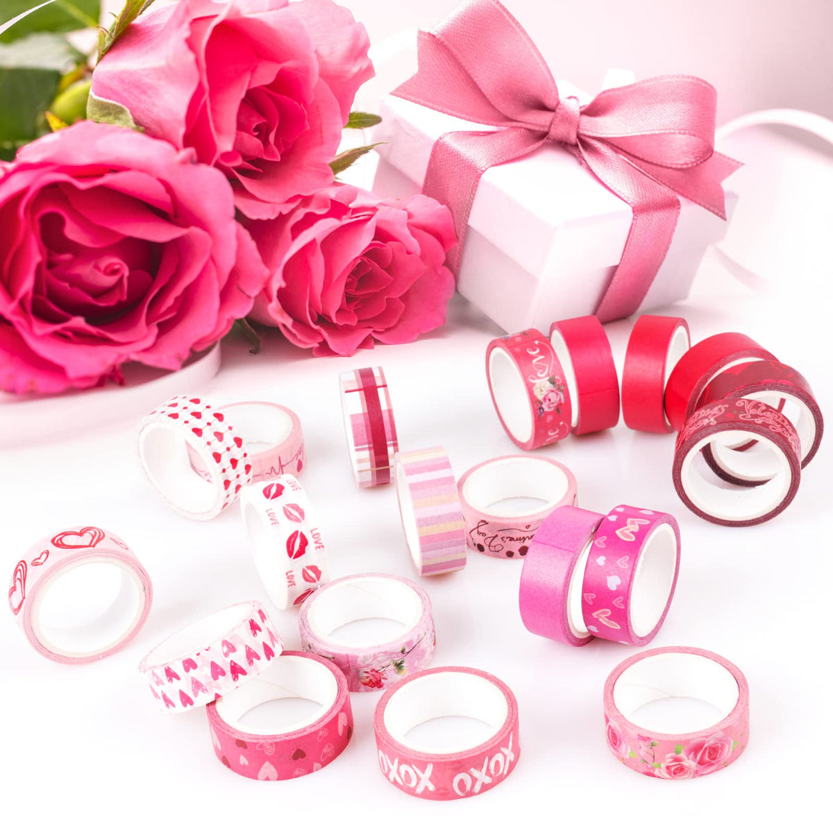 Abilat 20 Rolls Valentine's Day Washi Tape Red Pink Heart Love Masking Tape for Wedding Romantic Scrapbook DIY Craft Valentines Decorative Duct Tape for Journaling Giftwrap Tape Supplies