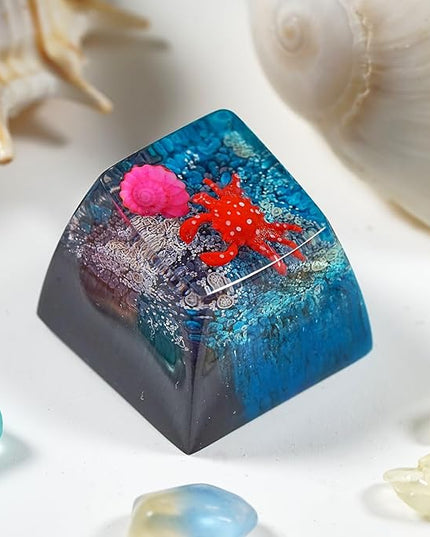 Red Crab and Pink Seashell Artisan Keycap Black Blue Ocean R1 SA Profile Custom Keycaps 1U ESC Handmade Gaming Resin Key Cap Cherry MX Switch Compatible Mechanical Keyboard Sea Lover Gift
