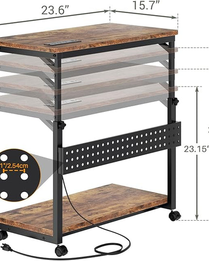 Computer Tower Stand with Power Strips, 4 Levels Manual Height Adjustable PC Tower Stand for Under Desk, Mobile Rolling CPU Holder, Computer Cart with Wheels, 24", Rustic Brown