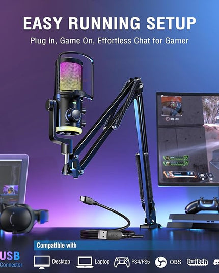 FIFINE USB Streaming Microphone Kit for Gaming, Condenser Mic with RGB, Noise Cancellation, Game/Chat Dial-Plug & Play for PC Twitch/YouTube/Podcast, Includes Boom Arm & Pop Filter-AmpliGame AM6T