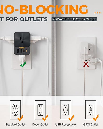 30W Wall Charger, TESSAN Fast Charging Multi Plug Adapter with 3 Outlet Extender Surge Protector, Multiple Plug with 4 USB Block Power Delivery (2 USB C Ports) for Home Office Essentials