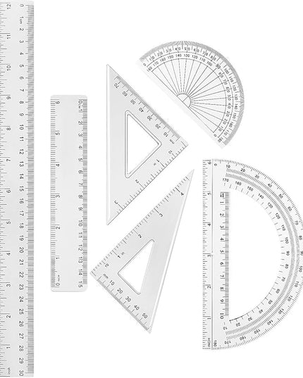 Tenare 1 Set Plastic Clear Math Set Includes Protractor Triangle Rulers 12 Inch 6 Inch Straight Geometry Math Transparent Ruler Measuring Tool for School Office Home Supplies(Clear)