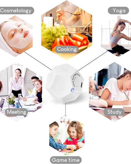 Mini 12 Sided Cube Timer, 11 Preset Times Pomodoro Timer for Enhanced Productivity. Ideal for ADHD Management, Workout, Study & Kitchen Cooking. Easy to Use（White）