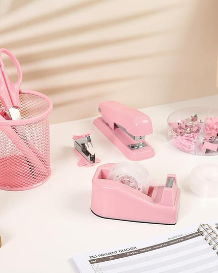 SKYDUE Pink Office Desk Accessories, Pink Office Supplies, Stapler, Tape Dispenser, Scissors, Clips and 1000pcs Staples,Office Supplies for Desk for Women