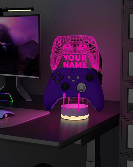 Customized Light up Headset and Controller Stand, 16 Colors 3D LED Lights Gamepad Headphone Holder with Remote Control, Game Controller Hanger for All Universal Gaming PC Accessories