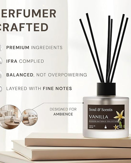 Soul & Scents Reed Diffuser Set – Vanilla | 7.43 oz Refillable Scented Oil with 6 Fiber Sticks | Long-Lasting Home Fragrance & Air Freshener for Bedroom, Bathroom, Office | Gift & Décor Piece
