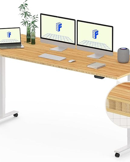 FLEXISPOT E6 MAX Bamboo 72x30 Inch Dual Motor 3-Stage Heavy Duty Standing Desk, 330lbs Weight Capacity, Height Adjustable Desk w/Cable Management & Wheels (Solid Bamboo Desktop + White Frame)