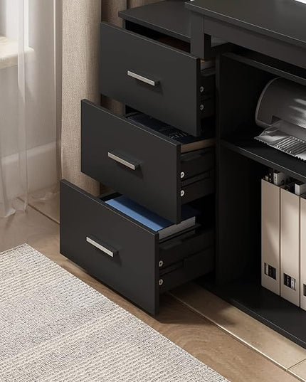 Homsee Home Office Computer Desk Corner Desk with 3 Drawers and 2 Shelves, 55 Inch Large L-Shaped Study Writing Table with Storage Cabinet - Black