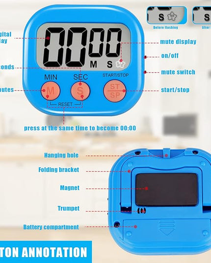 6 Pack Multi-Function Electronic Timer - Magnetic Digital Timers Big LCD Display The Loud/Silent Switch Countdown Timer Extensively Use in Break Time, Cooking,Gym, Meeting, Classroom