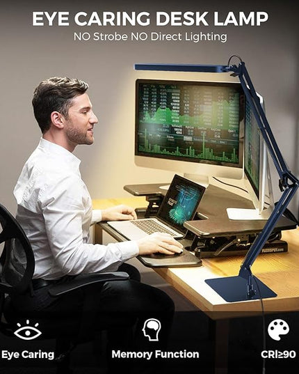 SKYLEO LED Desk Lamp with Slim Base - Adjustable Swing Arm Desk Light, Dimmable, Timer, Eye Protection, Memory Function, 1300LM, 12W, Blue