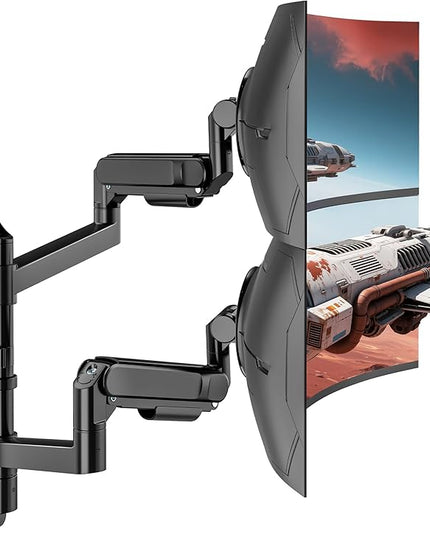 ARES WING Dual Monitor Wall Mount for 24-57 Inch Ultrawide Screens, Premium Heavy Duty Monitor Arm Holds 60 lbs, Full Motion Gas Spring, Bearing Head for Easy Adjustment, 75/100 VESA Mount, Black
