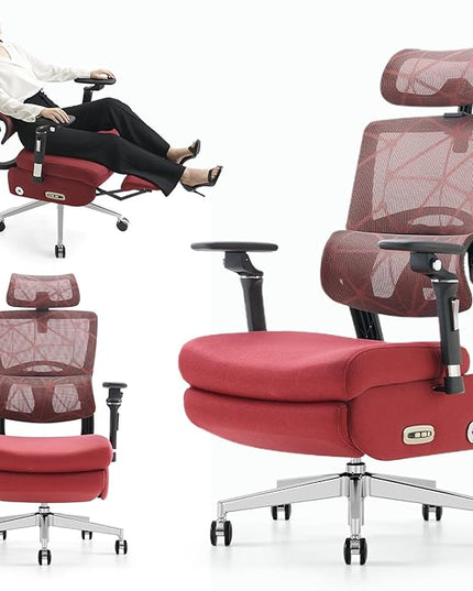 Dual-Motor Home Office Chair with Lumber Support, Reclining Mesh Chair with Footrest, 3D Headrest & 6D Armrests, Reclining Big and Tall 400LBS,Adjustable Back High（Red