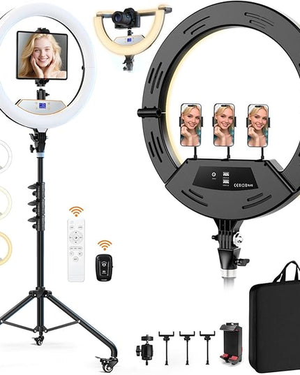 18" Foldable Ring Light with Stand for iPhone ipad Camera, 75" Tripod with Wheels 38W 6500K LED Display/Remote/2 USB Ports Large Big Ringlight Rolling for YouTube Facebook TikTok Live Video Recording