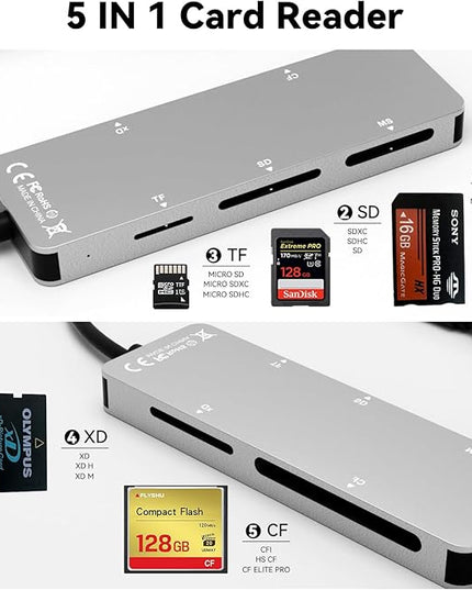 Memory Stick Pro Duo Reader for Lexar/Sony/Fuji - 5in3 Aluminum OTG Adapter for Memory Stick Pro Duo/XD/Compact Flash/SD/Micro SD Cards, Lightning USB C USB A Multi Card Reader for Camera/GoPro/Drone