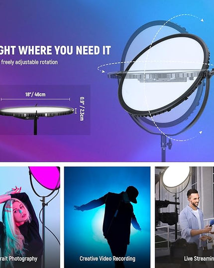 NEEWER 18" RGB LED Round Panel Video Light with APP Control, 65W 6000Lux/0.5m 2500K-8500K RGBCW Photography Studio Lighting /18 Scenes/V Battery Powered for Outdoor Filming Recording Streaming, GR18C