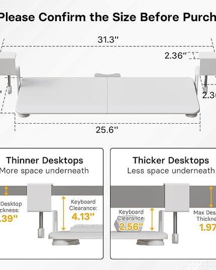 BONTEC KMT01 Under Desk Keyboard Tray, Pull-Out Keyboard & Mouse Platform with C-Clamp, 25.6 x 11.8 in Space-Saving Ergonomic Slide-Out Drawer, White