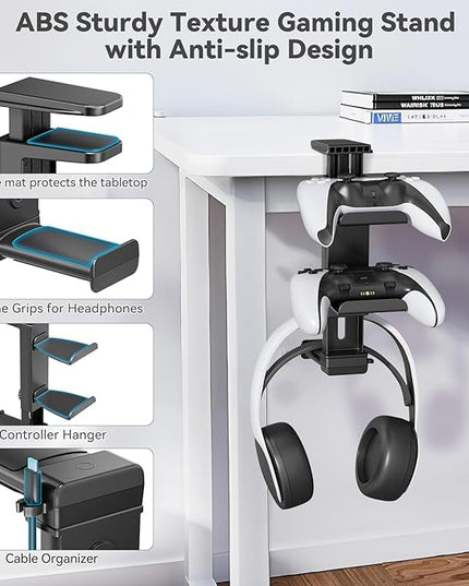 Controller Holder & Headphone Stand Under Desk with Adjustable Clamp, Controller Stand & Headset hanger for Desk Mount with 360° Rotating Hook & Cable Organizer 3-in-1 Game Organizer, PC Game Headsets