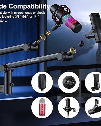 Microphone Arm,Aokeo AK-58 Desk Low Profile Adjustable Mic Boom Arm Stand,Suitable For Blue Yeti,Snowball iCE, HyperX QuadCast,SoloCast,Elgato Wave,Etc