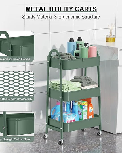 EAGMAK 3 Tier Utility Rolling Cart, Metal Storage Cart with Handle and Lockable Wheels, Multifunctional Storage Organizer Trolley with Mesh Baskets for Kitchen, Living Room, Office, Garage (Jungle)