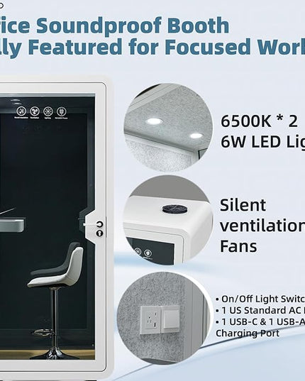 Mobile Office Pod Booth, Solo Soundproof Pod Acoustic Panels, Sound Pod Silent Ventilation, Wheels and Feet, Built-in Table, LED Lighting System, USB Ports White/Smoked Glass