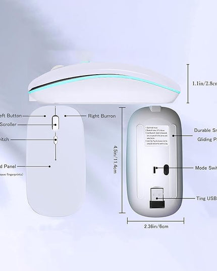 Wireless Bluetooth Mouse Rechargeable Laptop Mice with LED Lights Silent Slim Use(BT5.2 & USB 2.4G Portable Receiver) Dual Mode Computer Mouse for Laptop/iPad/Tablet/Apple/Computer/Mac(White)
