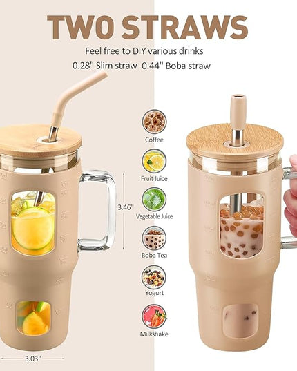 Glass Tumbler with Lid, 32 oz Glass Cup with Handle, Glass Water Bottles with Time Marker, 2 Straws - Pearl Straw & Silicone Protective Sleeve - Amber