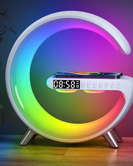 Smart Table Lamp with 4-in-1 Wireless Charger, Night Light, Bluetooth Speaker, Alarm Clock, App Control, Office, Bedroom, Home Decor (White)