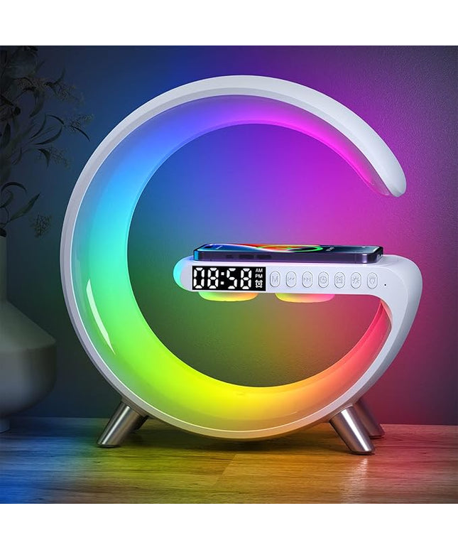 Smart Table Lamp with 4-in-1 Wireless Charger, Night Light, Bluetooth Speaker, Alarm Clock, App Control, Office, Bedroom, Home Decor (White)