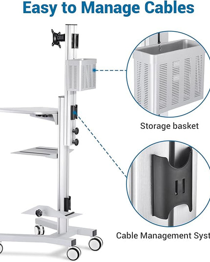 Yescom Mobile Computer Cart Rolling PC Stand Desk Workstation on Wheels with Monitor Mount Adjustable Keyboard Tray CPU Printer Holder for Hospital Clinic School Office Silver
