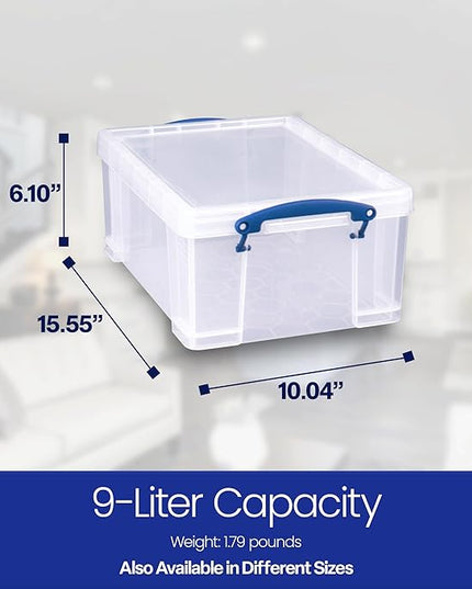 Really Useful Box 9 Liter Plastic Stackable Storage Container with Snap Lid & Built-in Clip Lock Handles for Home or Office Organization, Clear