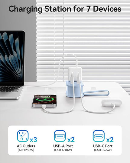 ORICO 65W USB Travel Power Strip, 7 in 1 Charging Station with 3AC, 2 USB-A, 2 USB-C, Flat Plug and 4ft Thin Extension Cord, Fast Charger for MacBook, iPad, iPhone 17/16/15 - TK65