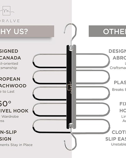 MORALVE Pants Hangers Space Saving - 2 Pack European Beechwood Scarf and Jean Hangers - Closet Organizer and Space Saver Pant Rack, Leggings Hanger, and Scarf Holder with 360° Swivel Hook