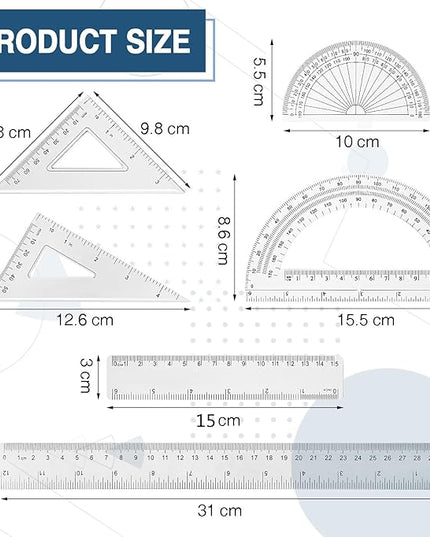 Tenare 1 Set Plastic Clear Math Set Includes Protractor Triangle Rulers 12 Inch 6 Inch Straight Geometry Math Transparent Ruler Measuring Tool for School Office Home Supplies(Clear)
