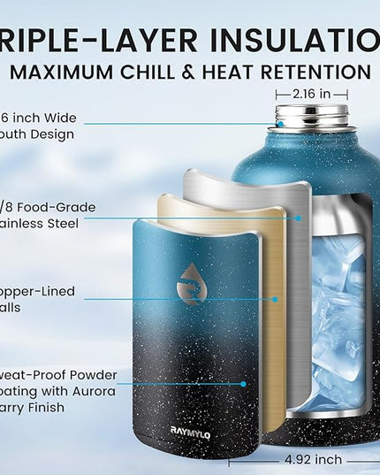64oz Insulated Water Bottle, Triple Wall Vacuum Stainless Steel Water Bottles - Keeps Cold 48H, Reusable Half Gallon Jug for Gym, Sports, Camping, Hiking,Travel, Starry Sky-Indigo/Black