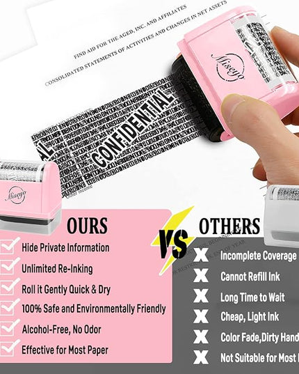 Miseyo Identity Theft Protection Roller Stamp Set - Pink (6 Refill Ink Incleded)