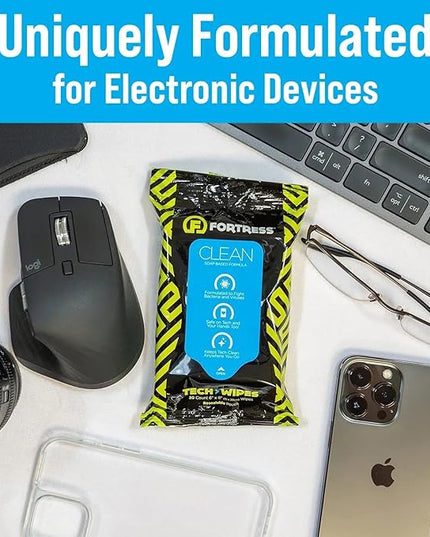 Fortress Electronic Wipes With Microfiber Cloth (25 ct, Pack of 62) To-Go Tech Wipes for Screens, Phones, Keyboards, TV Monitors, Computer Screens, and More [Travel Size] Skin-Safe