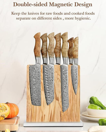 HEZHEN Double-sided Magnetic Knife Holder without Knives, Olive Wood Knife Block for Kitchen Counter, Space-saving Knife Storage, Strong Enhanced Magnets Strip, Non-slip Marble Base