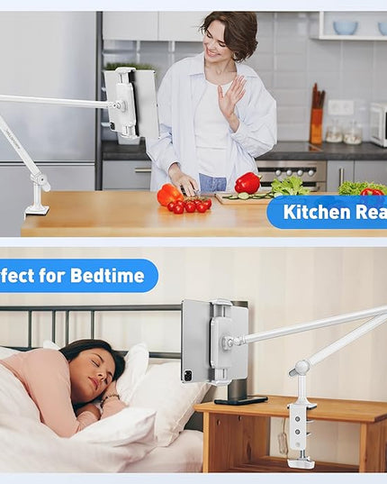 AboveTEK Tablet Stand Holder for Desk & Bed, Aluminum iPad Holder Arm with 360° Rotating Clamp, Adjustable Phone Stand Compatible with 4.7"-13.5" iPad Pro/Air/Mini, iPhone, Galaxy Tab- White