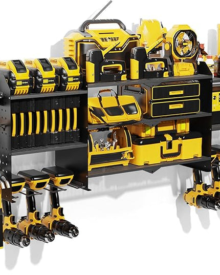 Power Tool Organizer Wall Mount with Charging Station, Expanded Width Power Tool Storage Rack, Large Tool Battery Organizer with Screwdriver/Hammer Heavy Duty Garage Storage