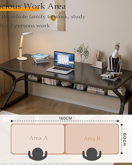 Extra Long Desk with Bookshelf - 63" Double Long Writing Table for 2-Person Workstation, Modern Study Work Computer Desk for Home and Office, Black