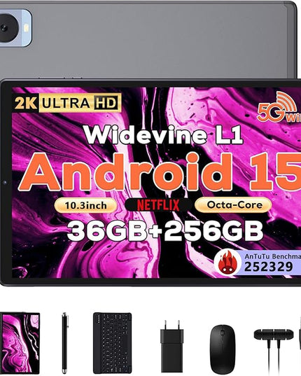 DEZLTID 2025 Tablet 10.4 inch Android 15 Tablets with Keyboard Stylus Mouse: 2K IPS Tablette (2000x1200), 36GB+256GB(1TB TF), 5G/2.4G Dual WiFi, 8-Core 1.6GHz, 8000mAh,8+13MP, Widevine L1- Gray