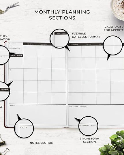 Smart Planner Pro – Undated Daily Planner – Medium B5 – Achieve Goals & Increase Productivity with Weekly, Monthly, Work Sections - Organizer Planner with Back Pocket, 3 Satin Bookmarks & Pen Holder