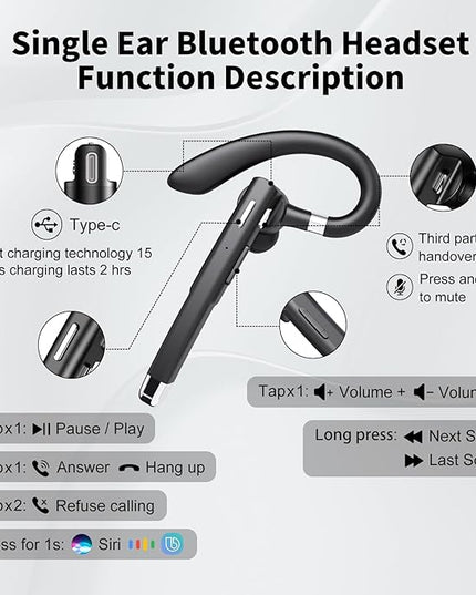 Bluetooth Headset, 100Hrs Talk Time Dual Noise Cancellation Wireless Earpiece, V5.4 Built-in Mic & Mute Button 270° Rotatable Hands Free Headphones with 500mAh Charging Case for Business/Driving