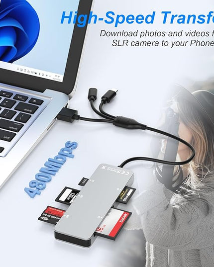 SD Card Reader Memory Stick pro Duo Adapter - 5 in 1 SD/TF/CF/MS/XD Card Reader for iPhone Supports Micro SD/SDHC/Compact Flash/XD Picture Cards, Lightning+USB A+USB C Memory Stick Pro Adapter