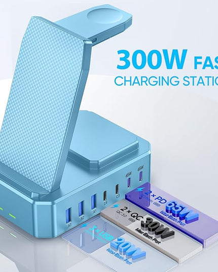 300W Charging Station for Multiple Devices Apple, Zutspzss 10 in 1 Wireless Charger for iPhone 16, GaN III USB C 65W PD Fast Charging Stand Dock for Apple Watch&Airpods,Blue